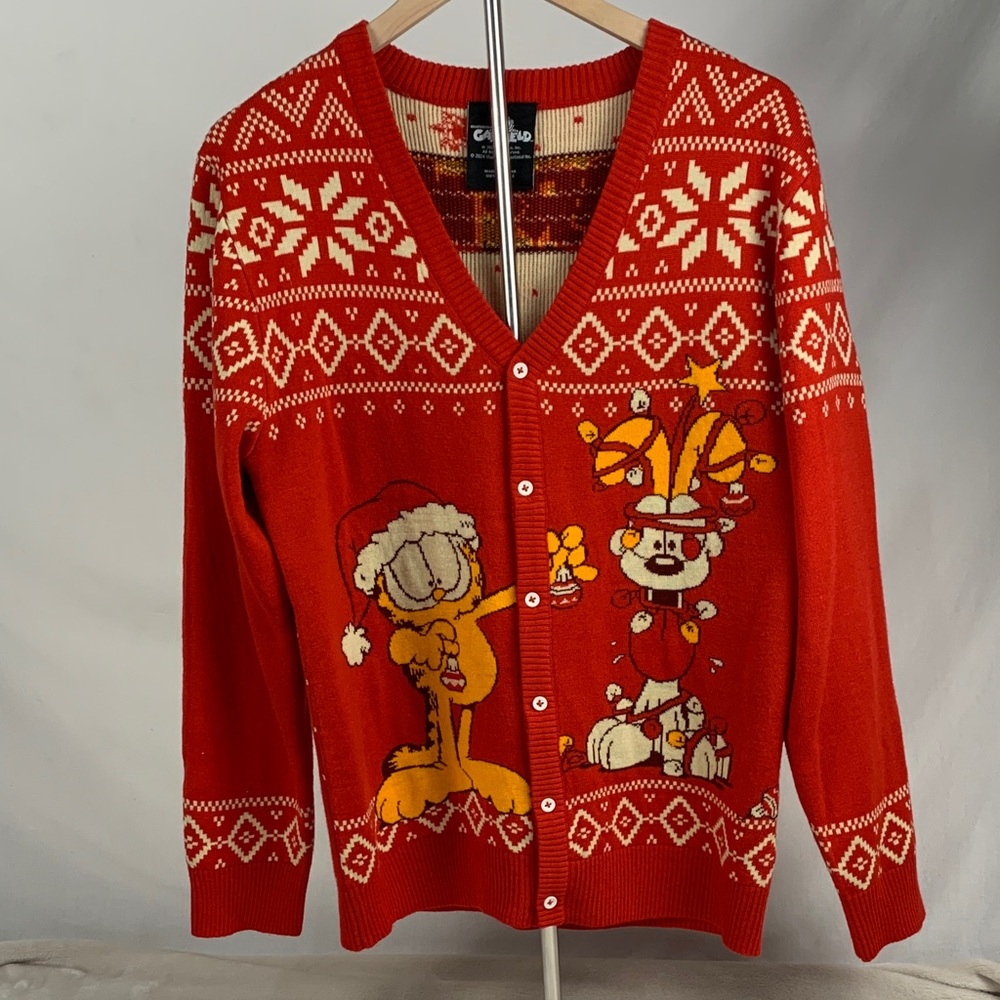 Nickelodeon Festive Colorful Red Garfield and Odie Sweater Cardigan M